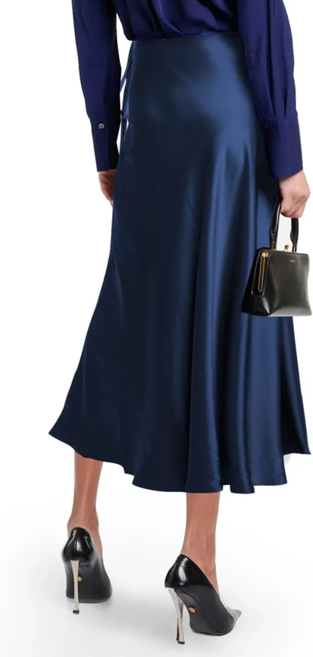 SEBOWEL Women Satin Maxi Long Skirt Silk Side Tie A Line Swing Midi Skirt Silky Flowy Ruffle Pleated Cocktail Party Skirts