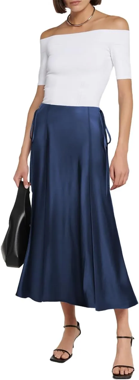 SEBOWEL Women Satin Maxi Long Skirt Silk Side Tie A Line Swing Midi Skirt Silky Flowy Ruffle Pleated Cocktail Party Skirts