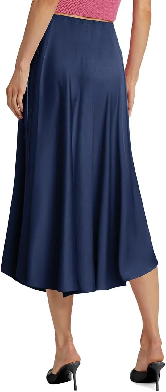 SEBOWEL Women Satin Maxi Long Skirt Silk Side Tie A Line Swing Midi Skirt Silky Flowy Ruffle Pleated Cocktail Party Skirts