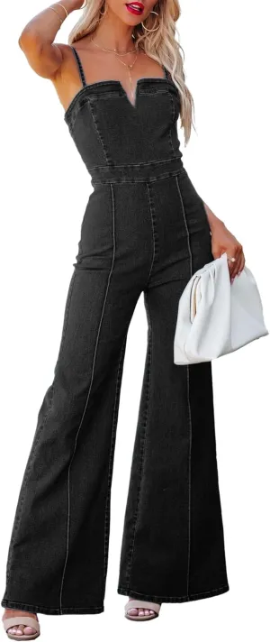 Sexyshine Women's Denim Jumpsuit Spaghetti Straps Sleeveless V Neck Wide Leg Flared Full Length Jeans Rompers Overalls