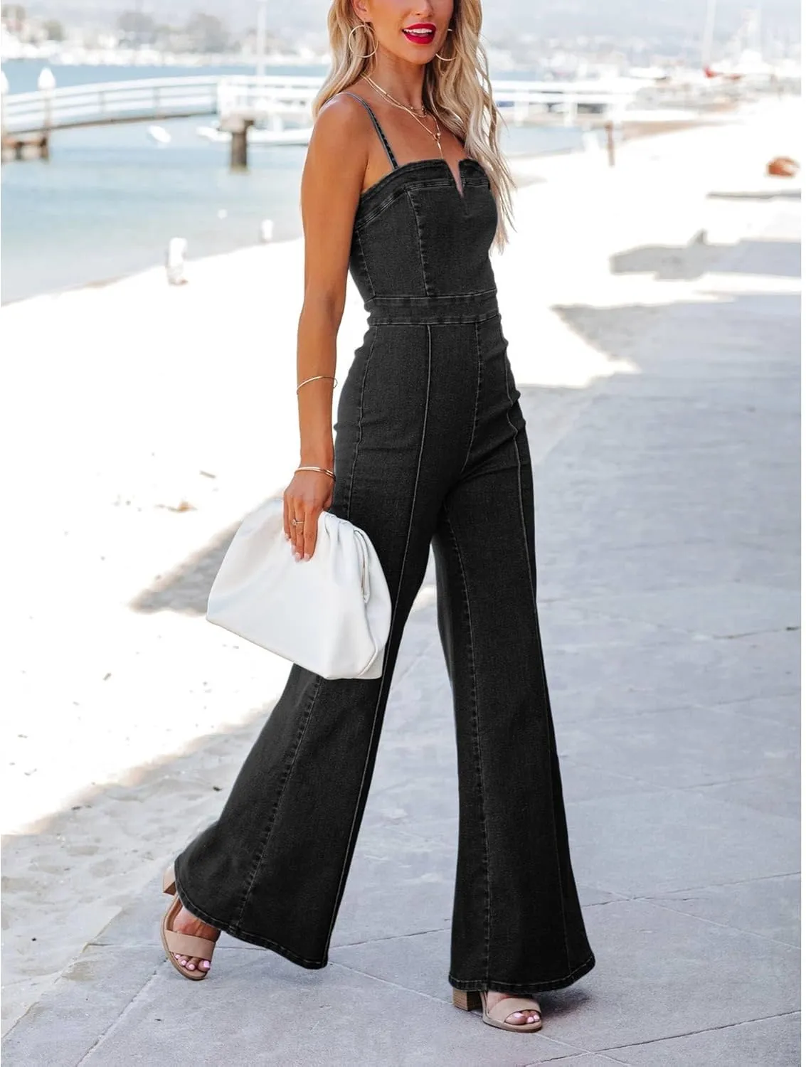 Sexyshine Women's Denim Jumpsuit Spaghetti Straps Sleeveless V Neck Wide Leg Flared Full Length Jeans Rompers Overalls
