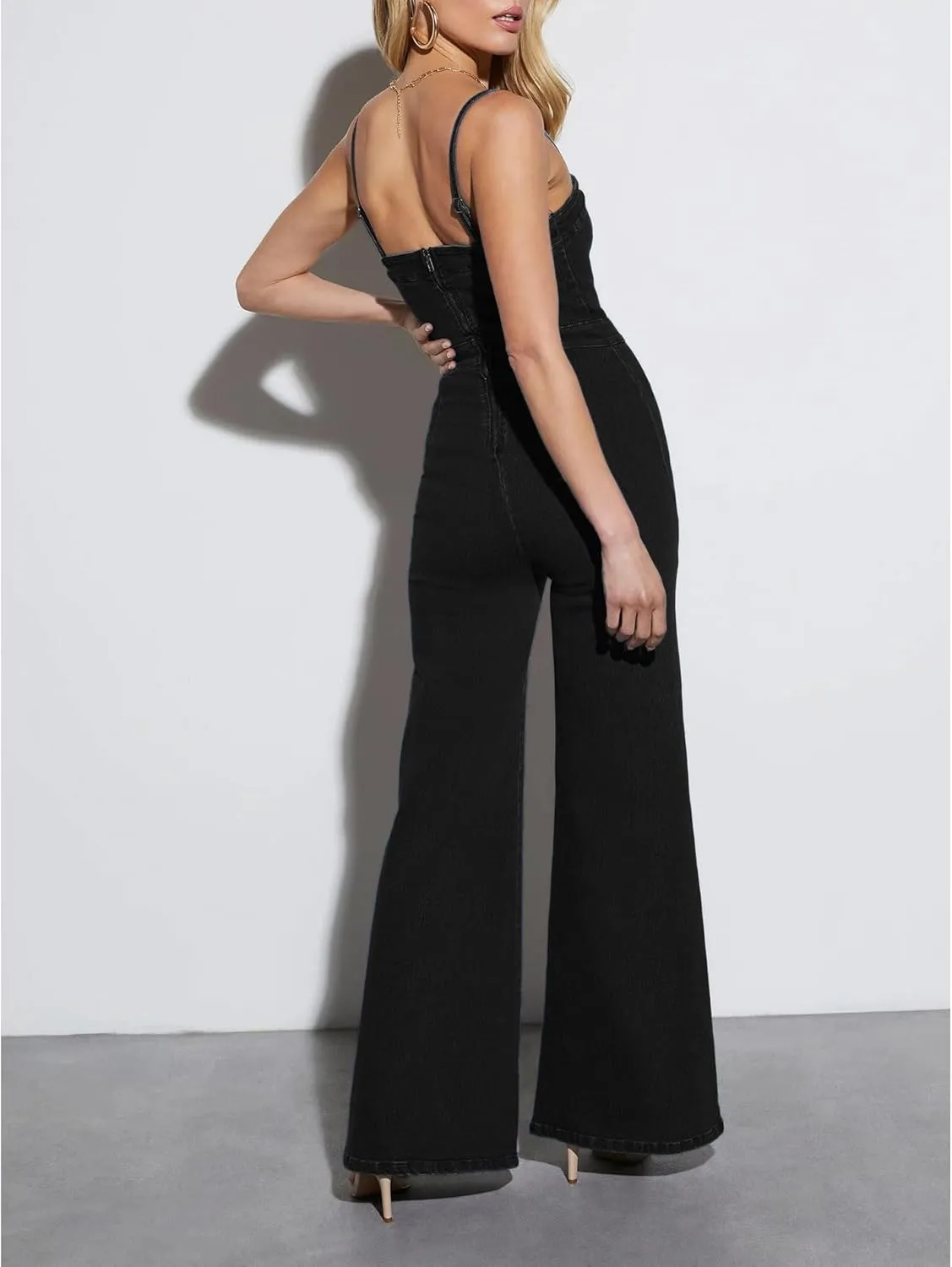 Sexyshine Women's Denim Jumpsuit Spaghetti Straps Sleeveless V Neck Wide Leg Flared Full Length Jeans Rompers Overalls