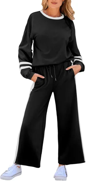SHEWIN Women's 2 Piece Lounge Sets For Women Casual Striped Long Sleeve Tops and Wide Leg Pants Matching Set