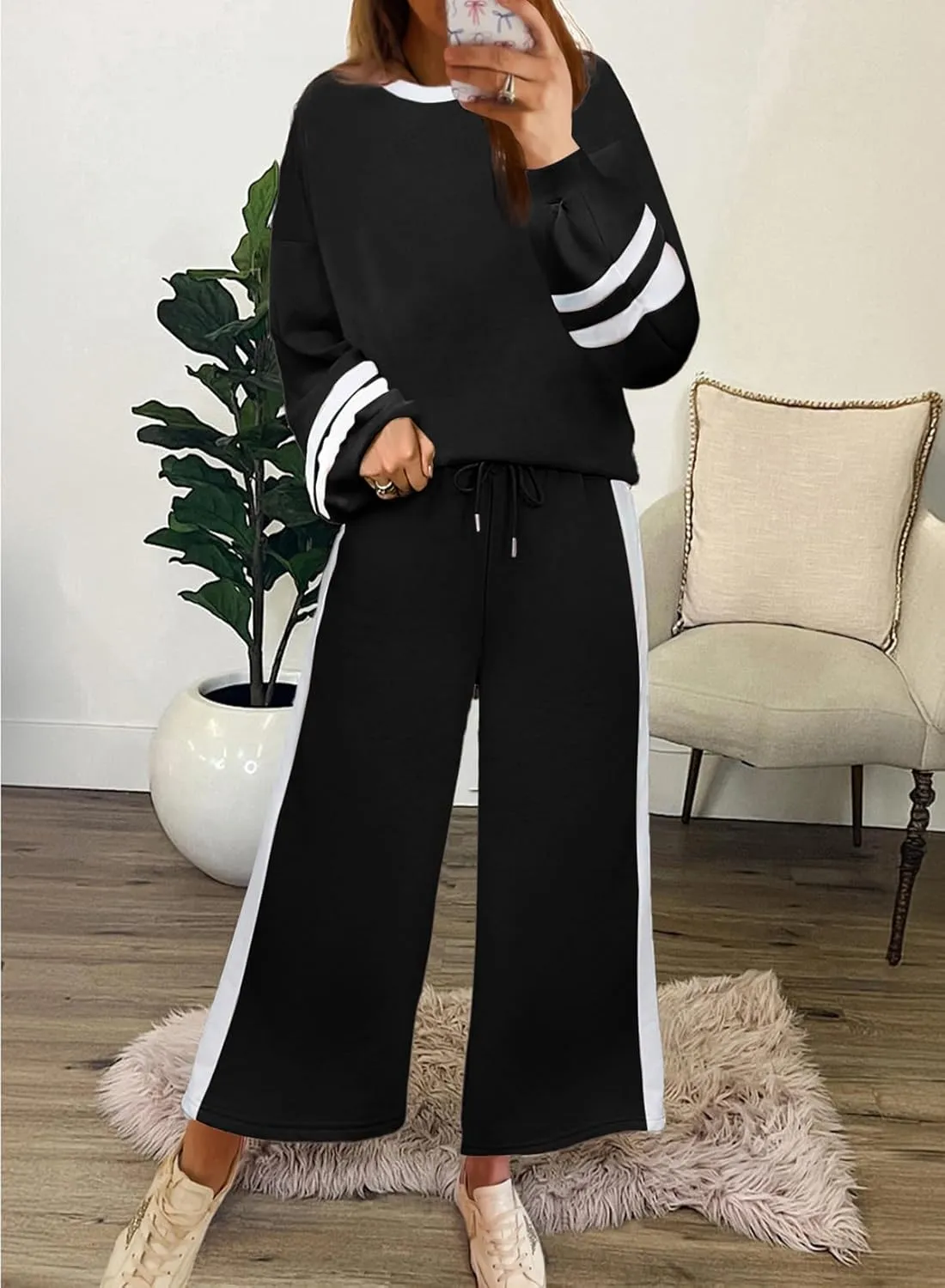SHEWIN Women's 2 Piece Lounge Sets For Women Casual Striped Long Sleeve Tops and Wide Leg Pants Matching Set
