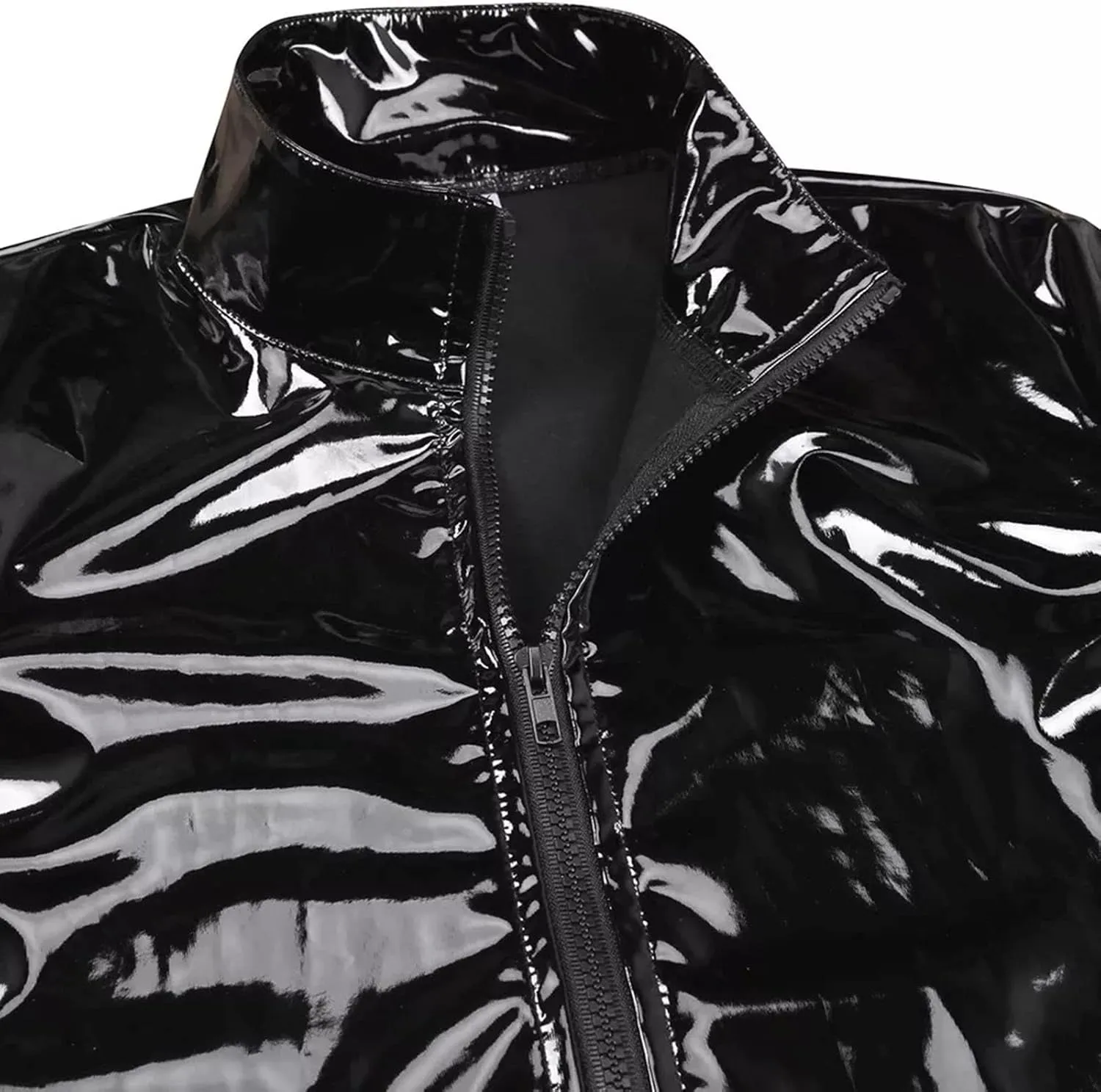Shiny PU Leather Tops for MenFront Zipper Wetlook Long Sleeve TopCasual Slim Fit Round Neck T-Shirt Party Clubwear