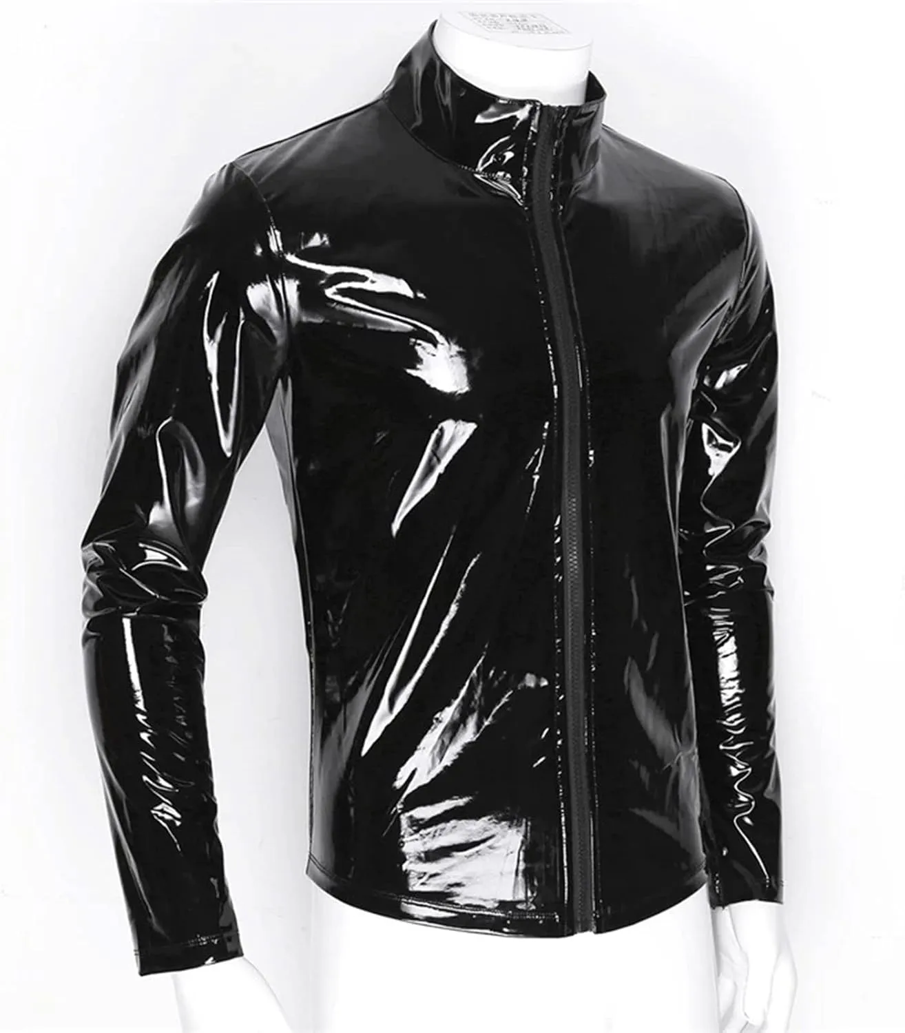 Shiny PU Leather Tops for MenFront Zipper Wetlook Long Sleeve TopCasual Slim Fit Round Neck T-Shirt Party Clubwear