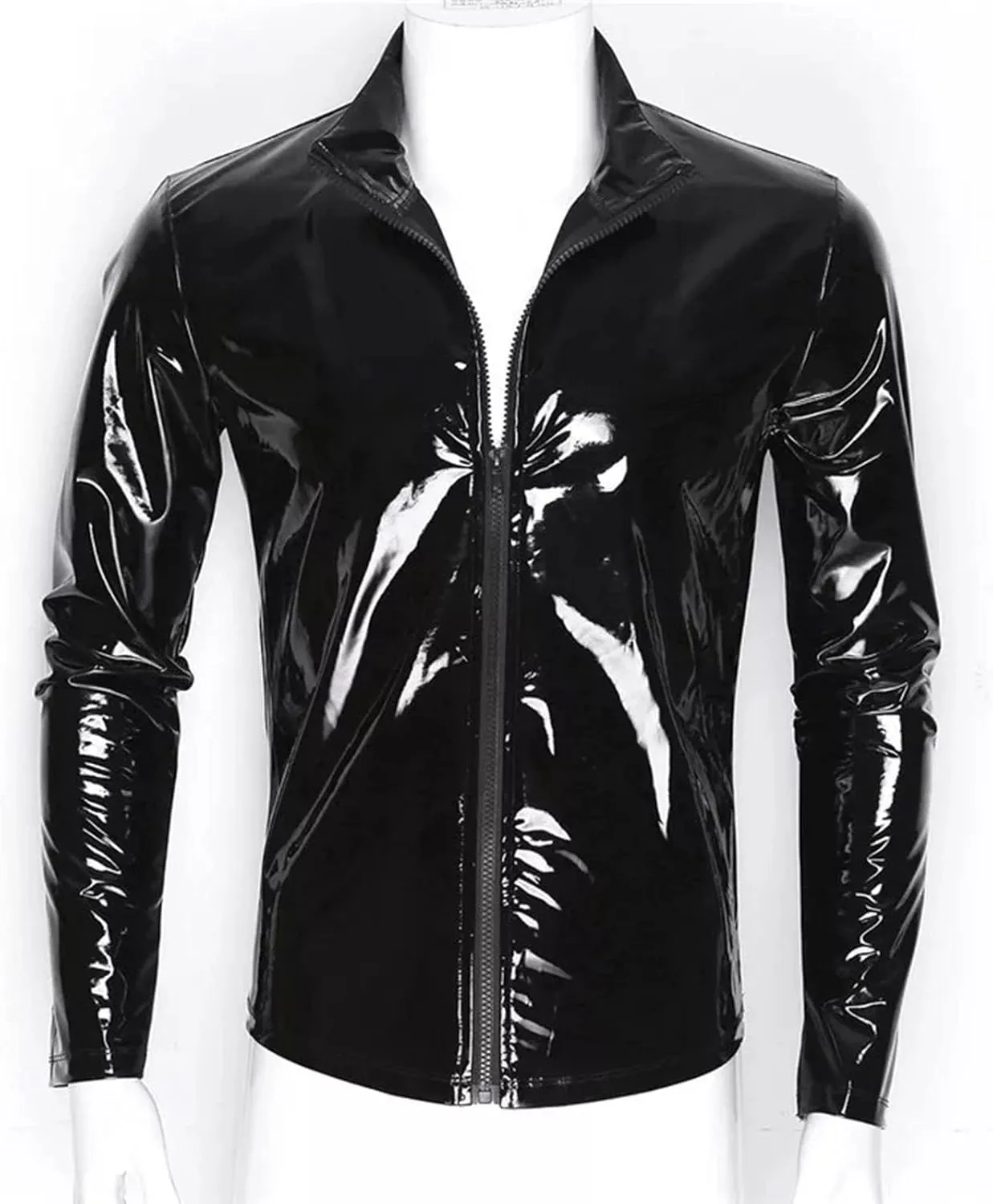 Shiny PU Leather Tops for MenFront Zipper Wetlook Long Sleeve TopCasual Slim Fit Round Neck T-Shirt Party Clubwear