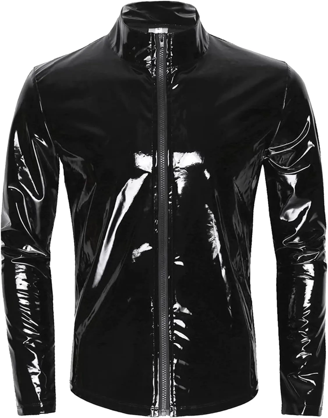Shiny PU Leather Tops for MenFront Zipper Wetlook Long Sleeve TopCasual Slim Fit Round Neck T-Shirt Party Clubwear
