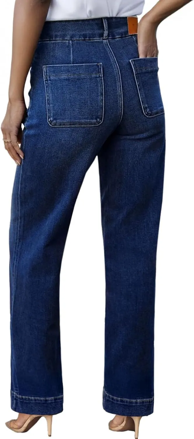 Sidefeel Women's High Waisted Straight Leg Jeans Stretchy Tummy Control Wide Leg Denim Pants with Pockets