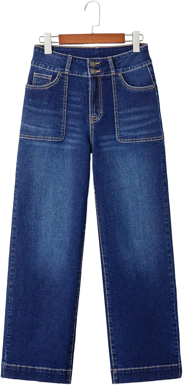 Sidefeel Women's High Waisted Straight Leg Jeans Stretchy Tummy Control Wide Leg Denim Pants with Pockets