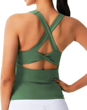 Smooth Workout Tank Top with Built-in Bra Cross Back Athletic Yoga Tops Stretchy Sports Camisole for Gym Pilates