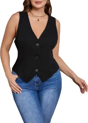 SOLY HUX Women's Plus Size Button Up Suit Vest Blazer V Neck Sleeveless Waistcoat