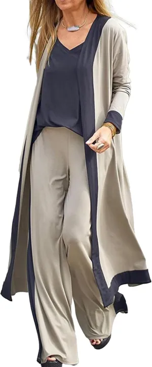 SOMTHRON Women's 3 Piece Outfits Loungewear Sets Long Cardigan Cover up Tank Top Wide Leg Loose Pants Set Tracksuit