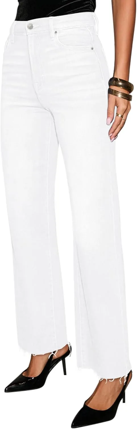 Straight Leg Jeans for Women Trendy High Waisted Cropped Boyfriend Mom Stretchy Frayed Hem Loose Wide Leg Baggy Pants