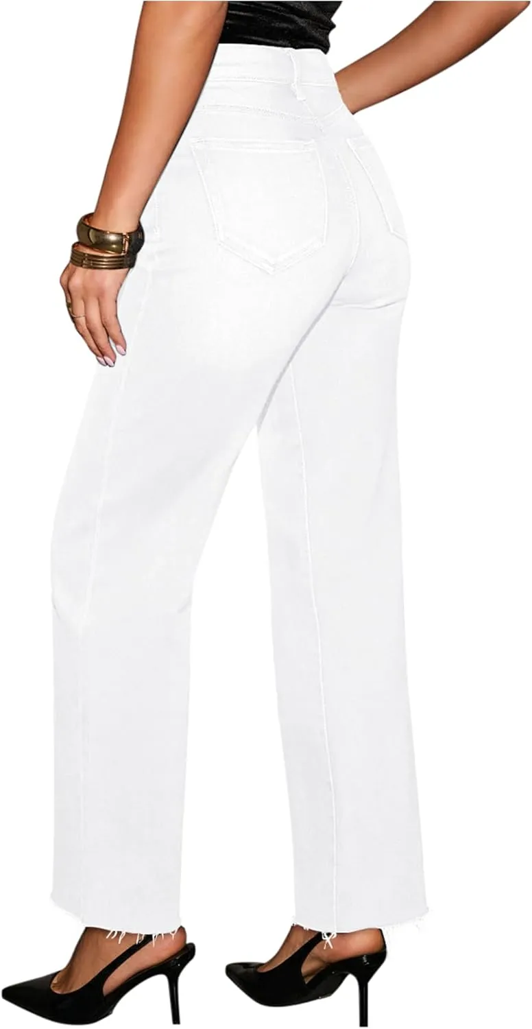 Straight Leg Jeans for Women Trendy High Waisted Cropped Boyfriend Mom Stretchy Frayed Hem Loose Wide Leg Baggy Pants