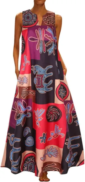 Summer Dresses for Women 2025,Women's African Print Maxi Dresses Casual Plus Size Sleeveless V Neck Beach Sundress