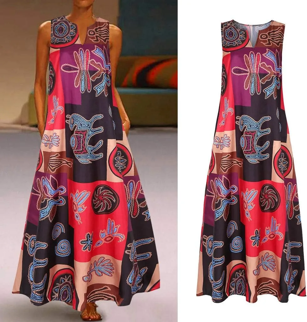 Summer Dresses for Women 2025,Women's African Print Maxi Dresses Casual Plus Size Sleeveless V Neck Beach Sundress