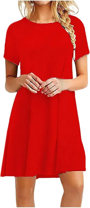Summer Dresses for Women 2025,Women's Beach Casual Loose Tshirt Dresses Solid Color Short Sleeve Round Neck Sundress