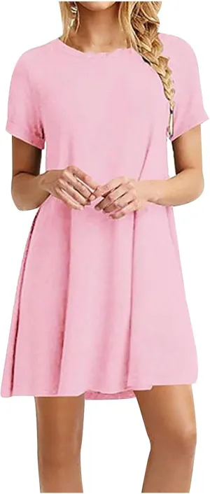 Summer Dresses for Women 2025,Women's Beach Casual Loose Tshirt Dresses Solid Color Short Sleeve Round Neck Sundress