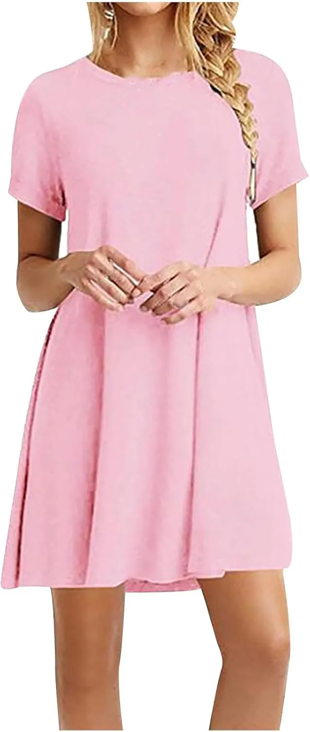 Summer Dresses for Women 2025,Women's Beach Casual Loose Tshirt Dresses Solid Color Short Sleeve Round Neck Sundress
