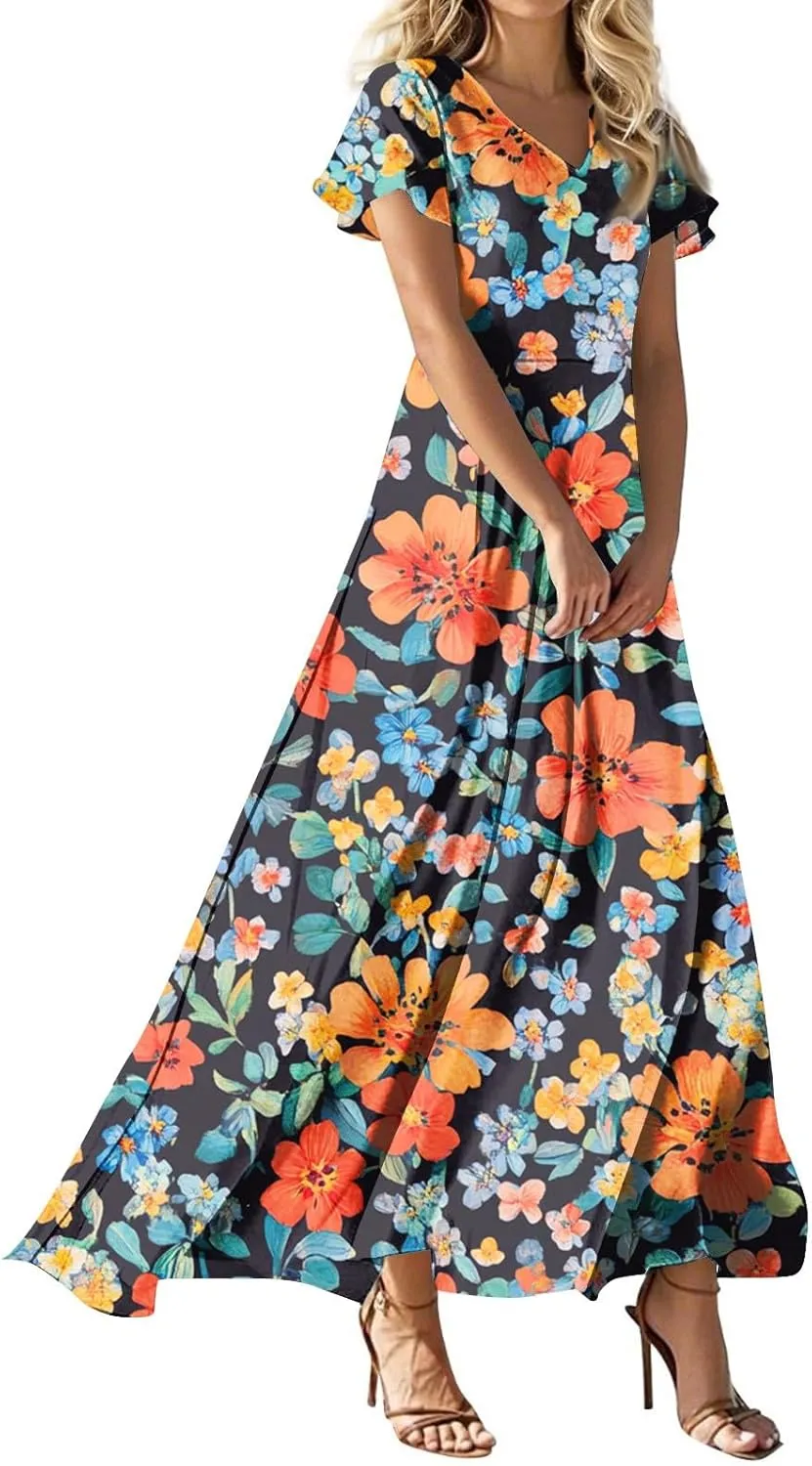 Summer Maxi Dresses for Womem 2025 V Neck Boho Flowy Butterfly Sleeve Sundress High Waist Beach Vacation Dress