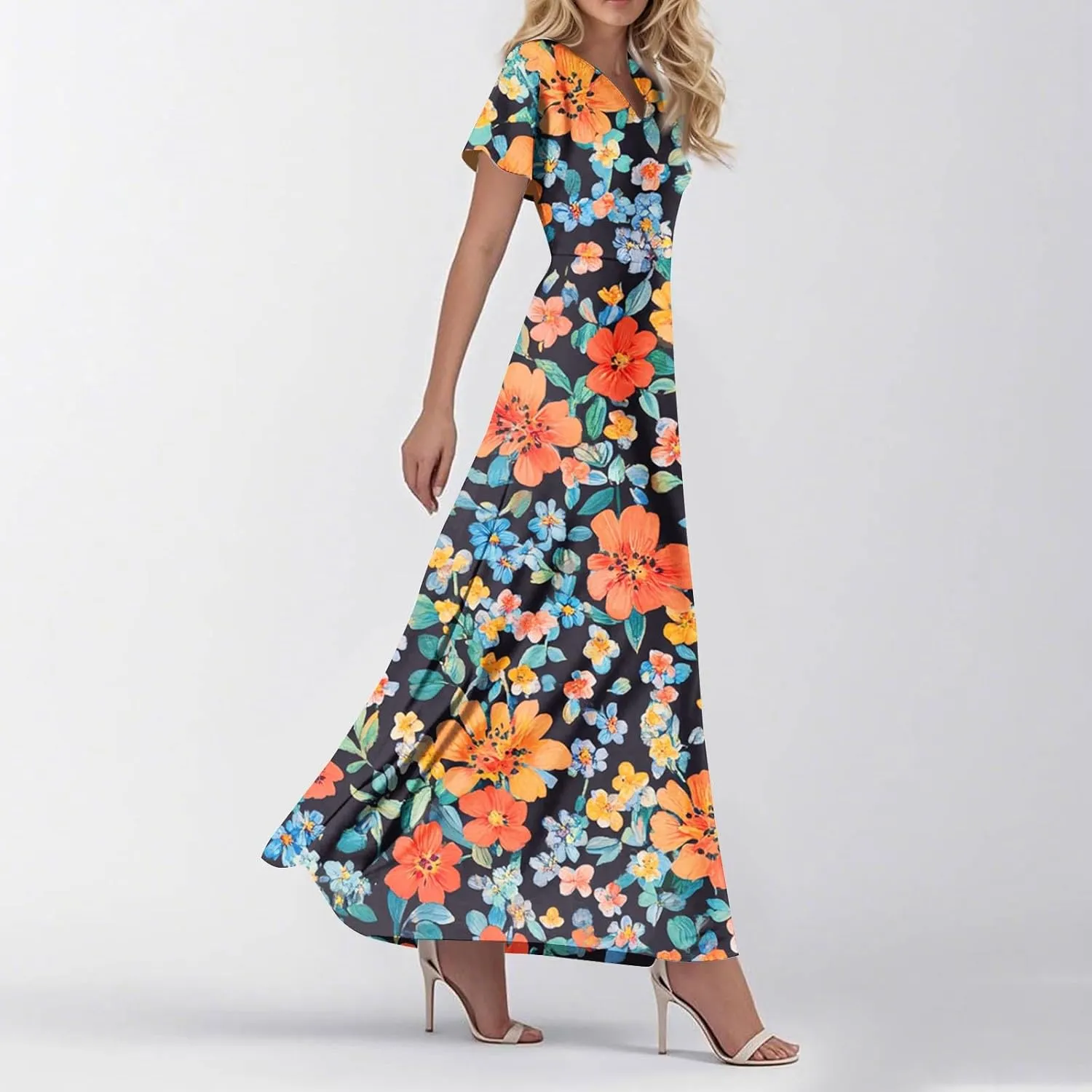 Summer Maxi Dresses for Womem 2025 V Neck Boho Flowy Butterfly Sleeve Sundress High Waist Beach Vacation Dress