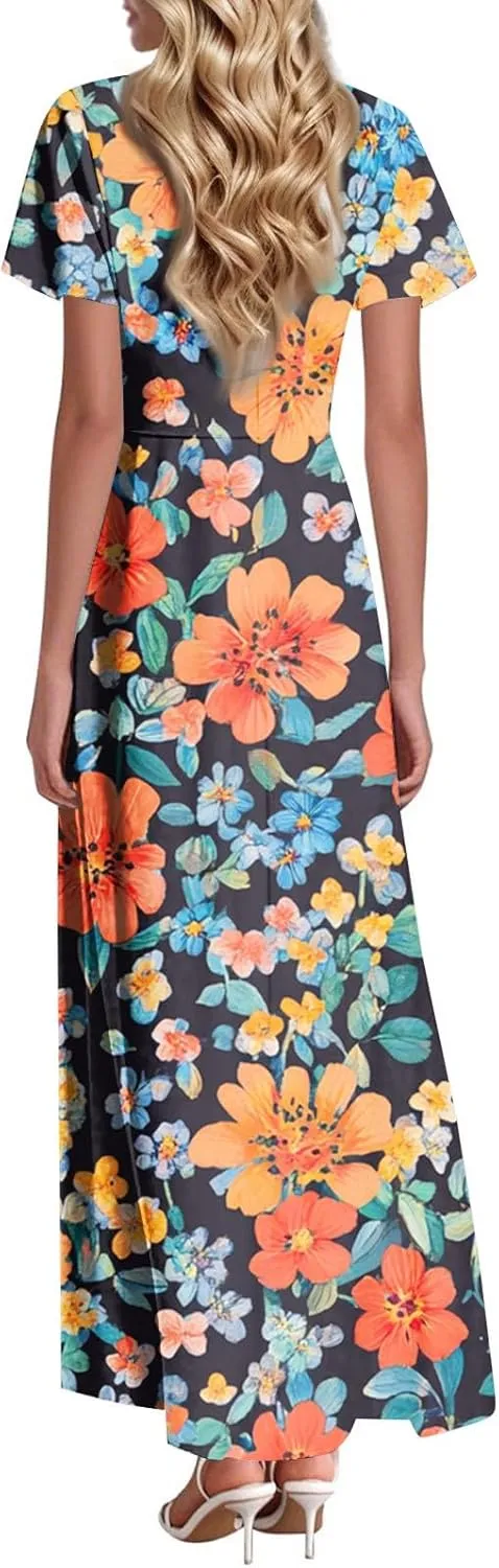 Summer Maxi Dresses for Womem 2025 V Neck Boho Flowy Butterfly Sleeve Sundress High Waist Beach Vacation Dress