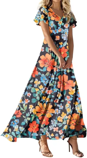 Summer Maxi Dresses for Womem 2025 V Neck Boho Flowy Butterfly Sleeve Sundress High Waist Beach Vacation Dress