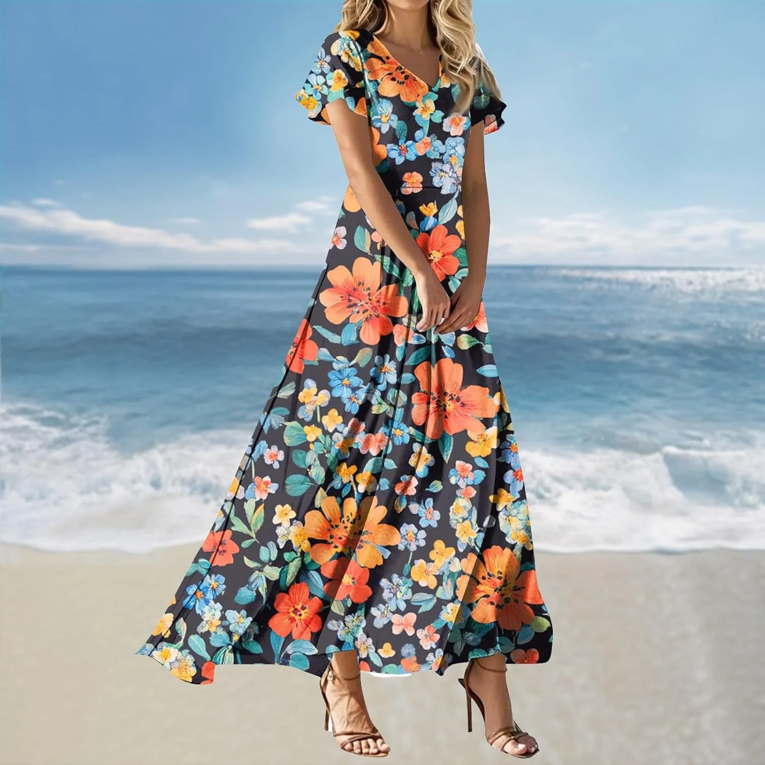 Summer Maxi Dresses for Womem 2025 V Neck Boho Flowy Butterfly Sleeve Sundress High Waist Beach Vacation Dress