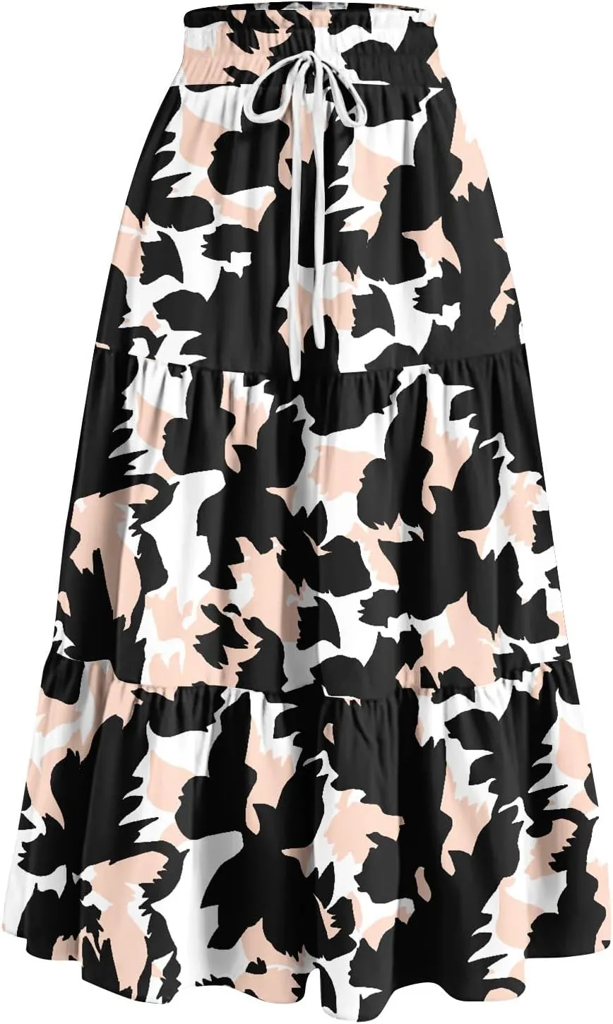 Summer Skirts for Women 2025 Vacation Boho Floral Tiered Skirt Drawstring High Waisted Flowy Ruffle A Line Skirt