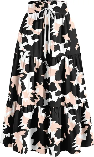 Summer Skirts for Women 2025 Vacation Boho Floral Tiered Skirt Drawstring High Waisted Flowy Ruffle A Line Skirt