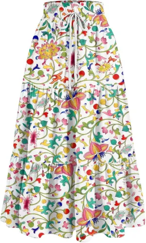 Summer Skirts for Women 2025 Vacation Boho Floral Tiered Skirt Drawstring High Waisted Flowy Ruffle A Line Skirt