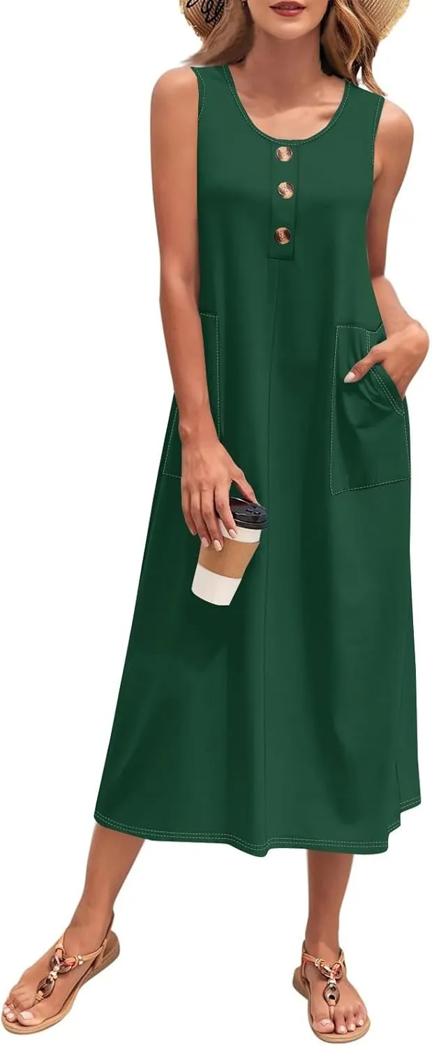 Sun Dresses for Women 2025 Vacation Summer Boho Beach Casual Empire Waist A-Line Midi Flowy Sundresses with Pockets