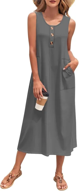 Sun Dresses for Women 2025 Vacation Summer Boho Beach Casual Empire Waist A-Line Midi Flowy Sundresses with Pockets