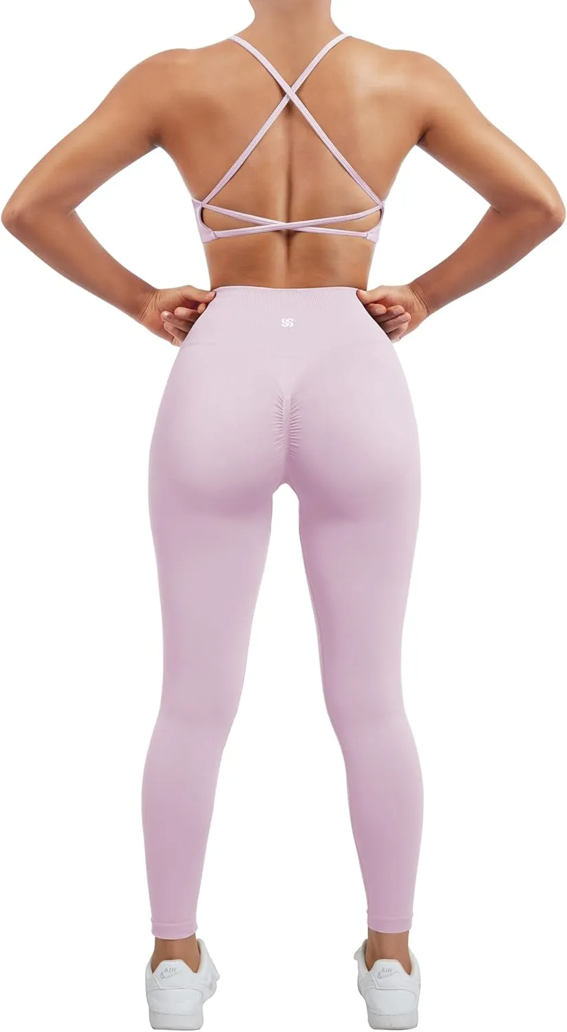SUUKSESS Women Seamless Workout Sets Strappy Sports Bra High Waist Booty Leggings Outfits