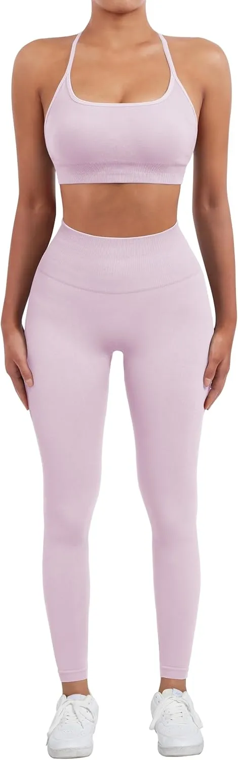 SUUKSESS Women Seamless Workout Sets Strappy Sports Bra High Waist Booty Leggings Outfits