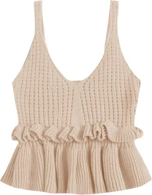 SweatyRocks Women's Casual Spaghetti Strap Ruffle Hem Peplum Cropped Knit Sweater