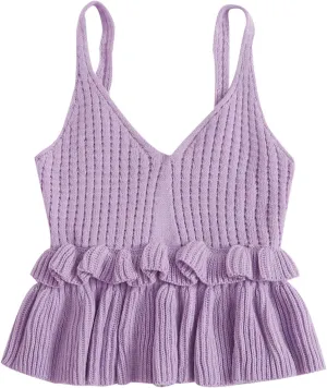 SweatyRocks Women's Casual Spaghetti Strap Ruffle Hem Peplum Cropped Knit Sweater