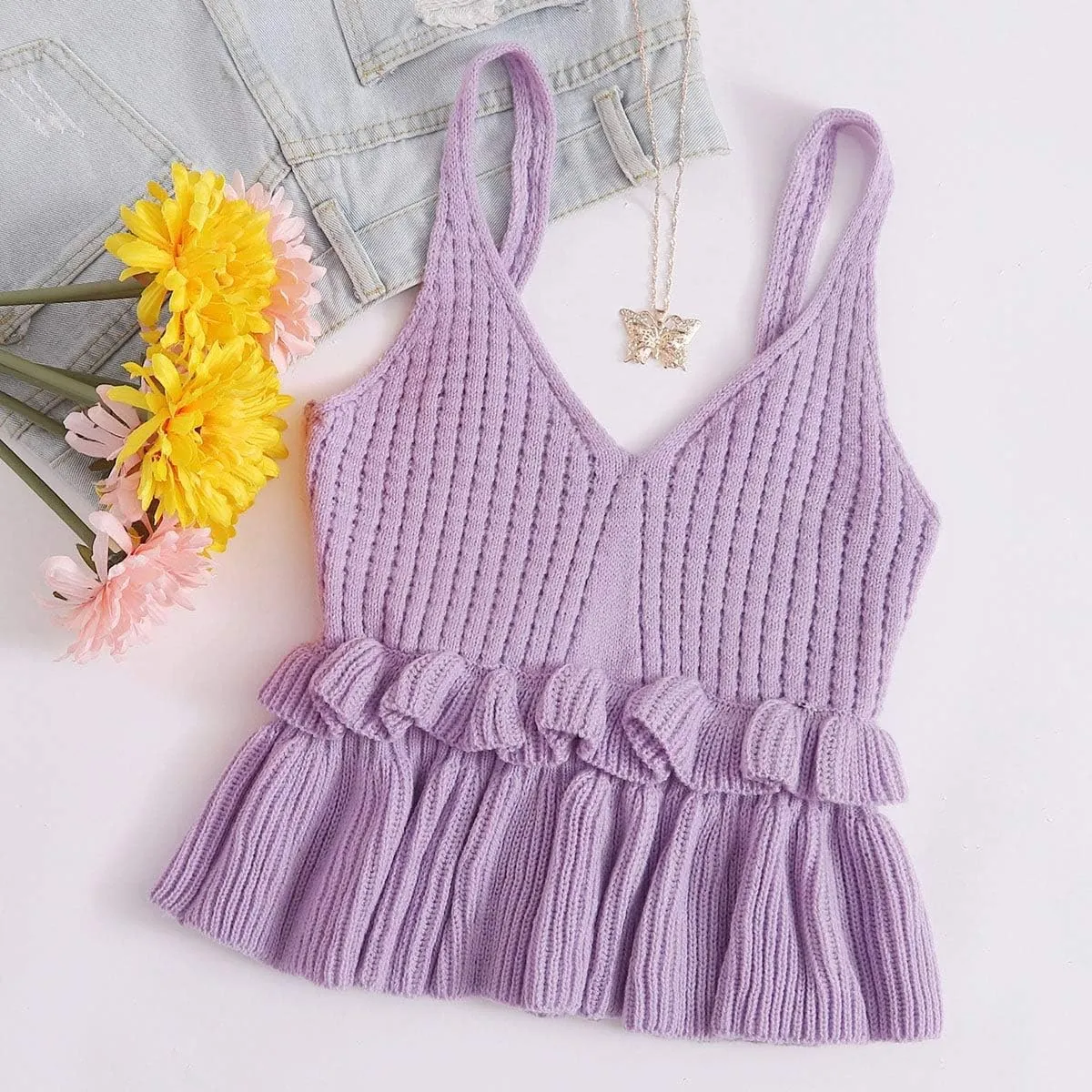 SweatyRocks Women's Casual Spaghetti Strap Ruffle Hem Peplum Cropped Knit Sweater