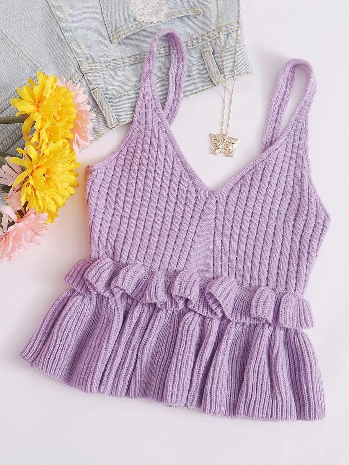 SweatyRocks Women's Casual Spaghetti Strap Ruffle Hem Peplum Cropped Knit Sweater