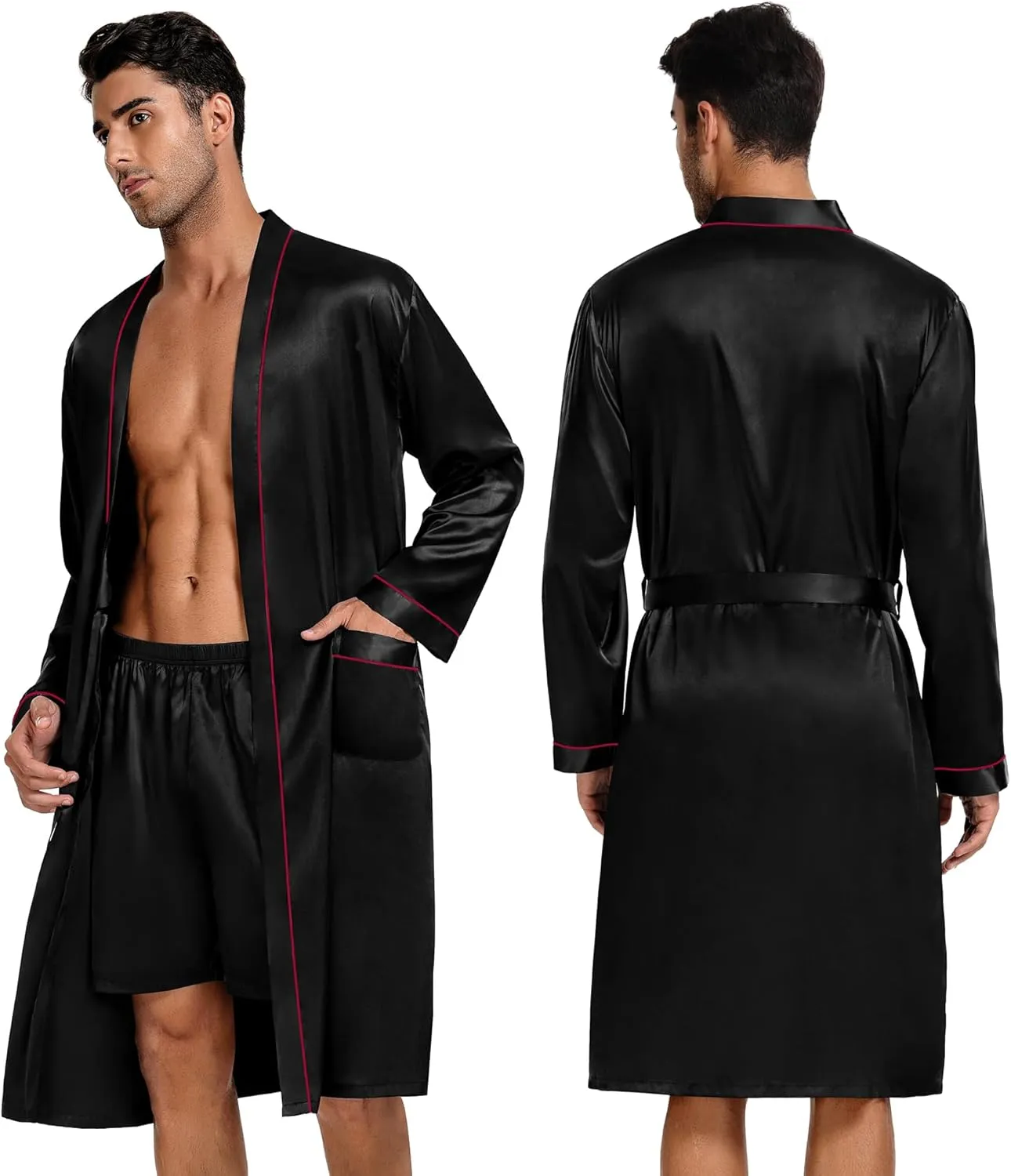 SWOMOG Mens 3 PCS Satin Robe with Pants & Shorts Set Kimono Bathrobe Long Sleeve Sleepwear Pjs Sets with Pockets