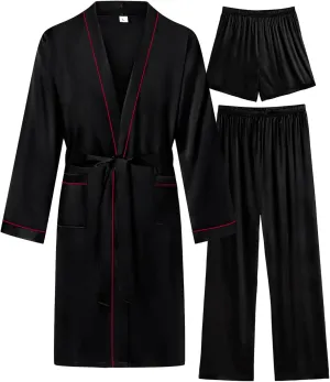 SWOMOG Mens 3 PCS Satin Robe with Pants & Shorts Set Kimono Bathrobe Long Sleeve Sleepwear Pjs Sets with Pockets