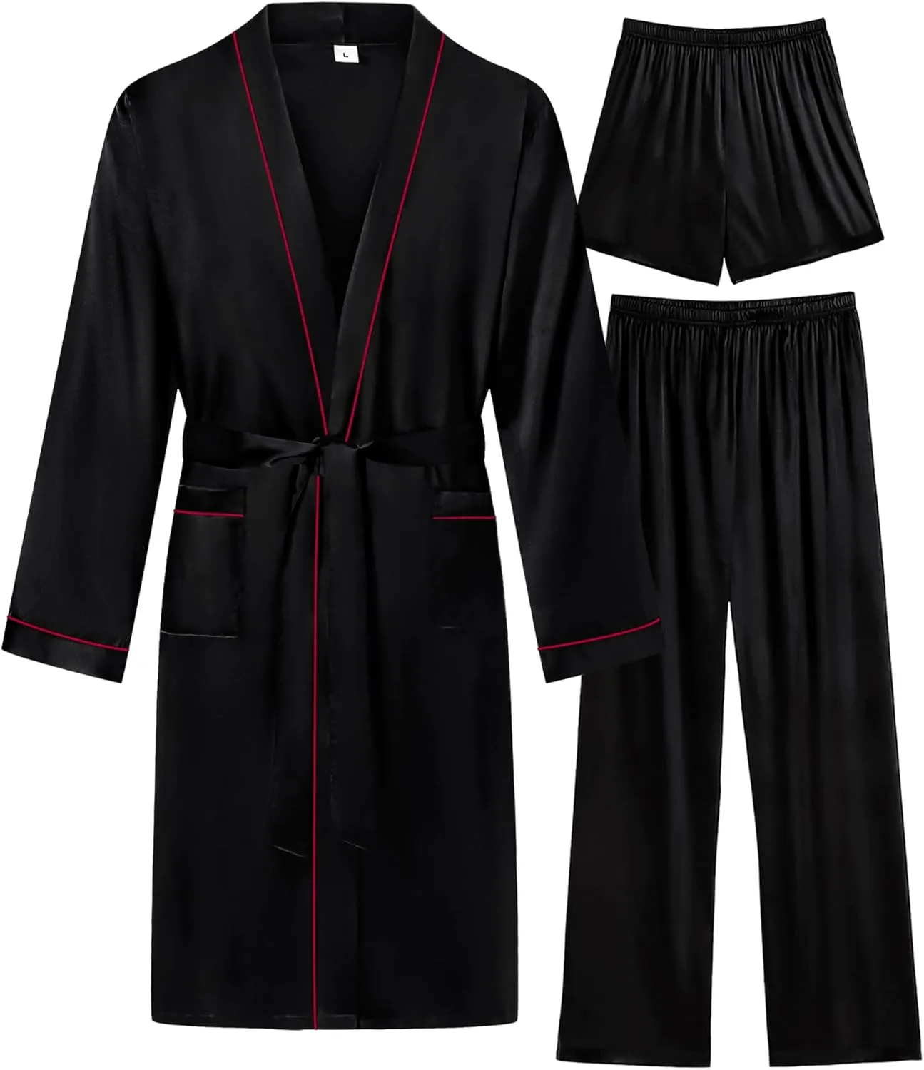 SWOMOG Mens 3 PCS Satin Robe with Pants & Shorts Set Kimono Bathrobe Long Sleeve Sleepwear Pjs Sets with Pockets