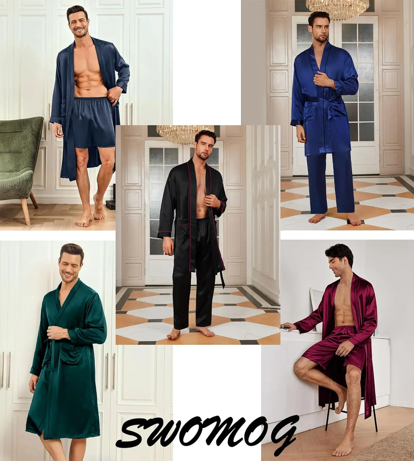 SWOMOG Mens 3 PCS Satin Robe with Pants & Shorts Set Kimono Bathrobe Long Sleeve Sleepwear Pjs Sets with Pockets
