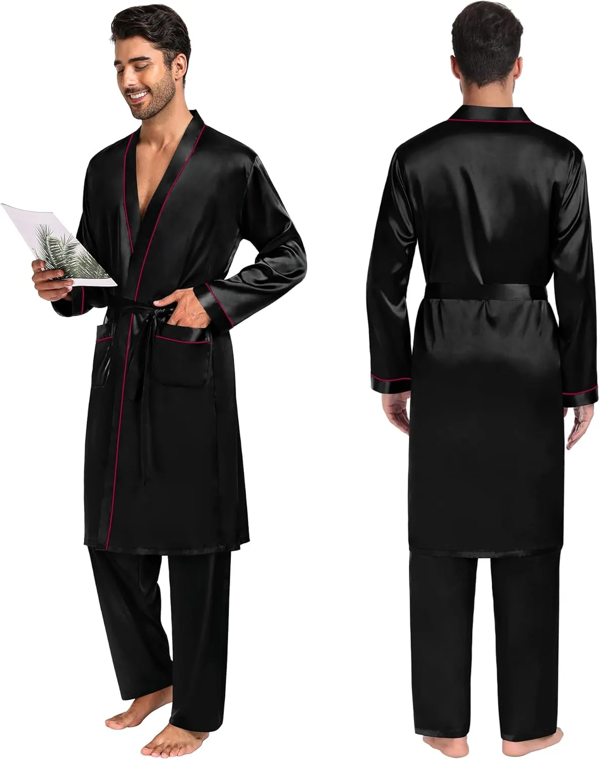 SWOMOG Mens 3 PCS Satin Robe with Pants & Shorts Set Kimono Bathrobe Long Sleeve Sleepwear Pjs Sets with Pockets