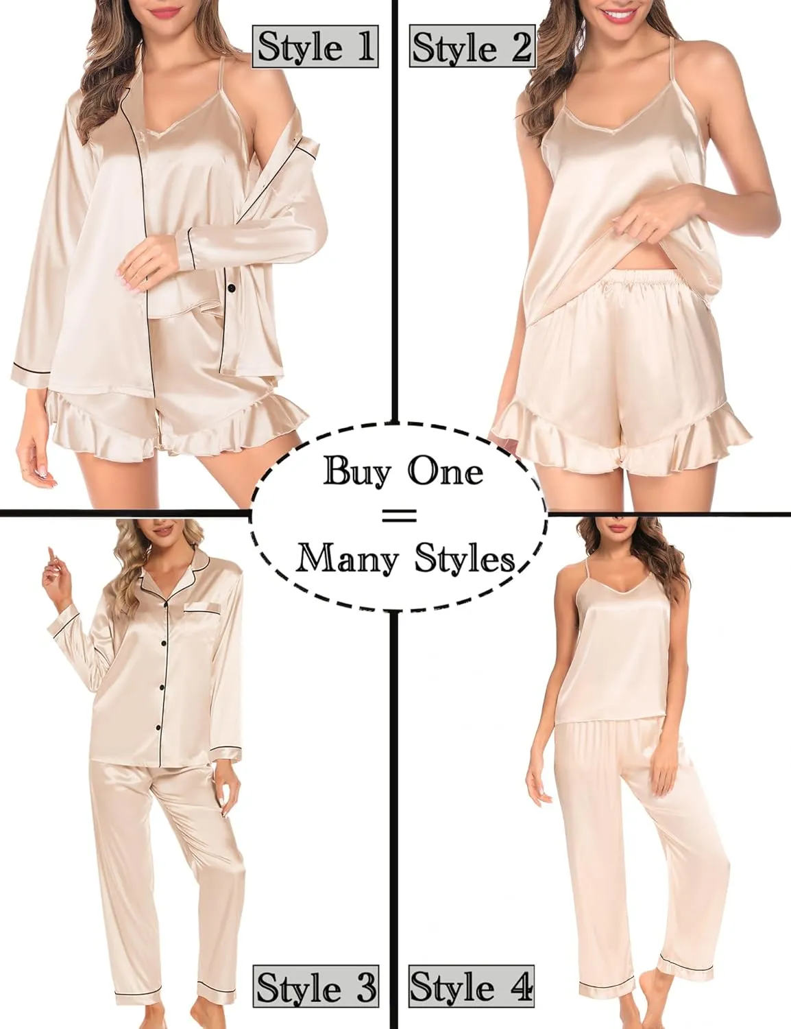SWOMOG Womens Silk Satin Pajamas Sets 4pcs Loungewear Sexy Cami Shorts Set Button Down Long Sleeve Pjs Sleepwear