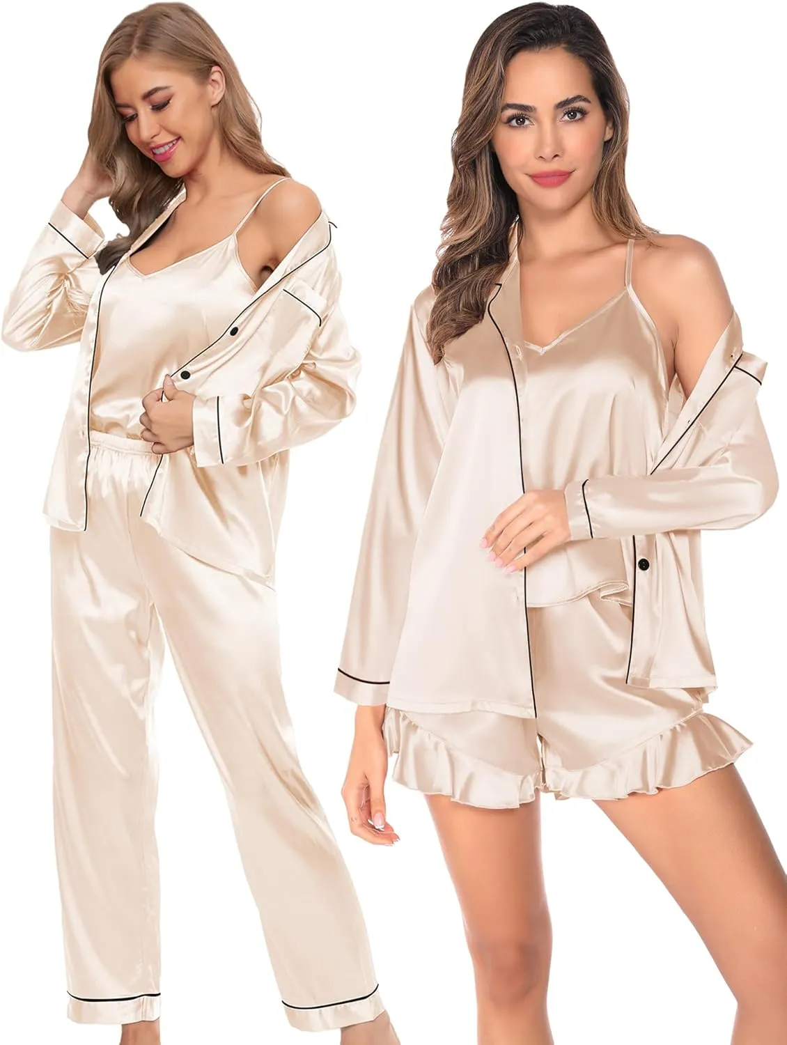 SWOMOG Womens Silk Satin Pajamas Sets 4pcs Loungewear Sexy Cami Shorts Set Button Down Long Sleeve Pjs Sleepwear