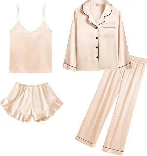 SWOMOG Womens Silk Satin Pajamas Sets 4pcs Loungewear Sexy Cami Shorts Set Button Down Long Sleeve Pjs Sleepwear