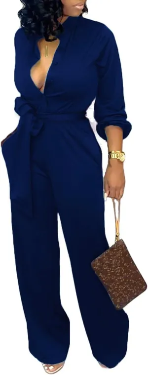SxClub Jumpsuits for Women Formal Sexy Elegant Long Straight Pants Busineess Party Jumpsuit with Belt Pockets