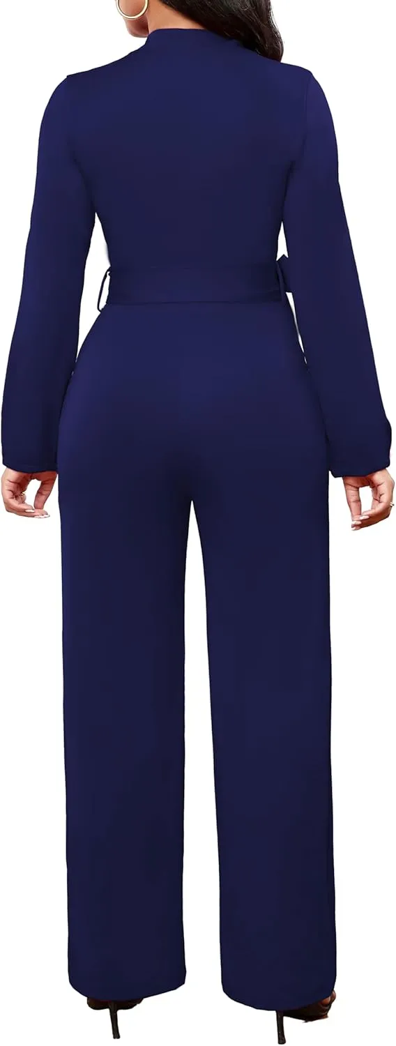 SxClub Jumpsuits for Women Formal Sexy Elegant Long Straight Pants Busineess Party Jumpsuit with Belt Pockets